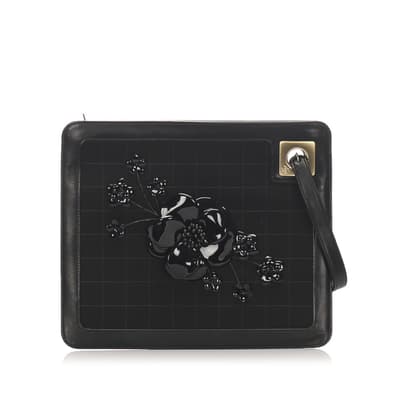 Pre-owned Chanel Choco Bar Camellia Suede Clutch Bag Black