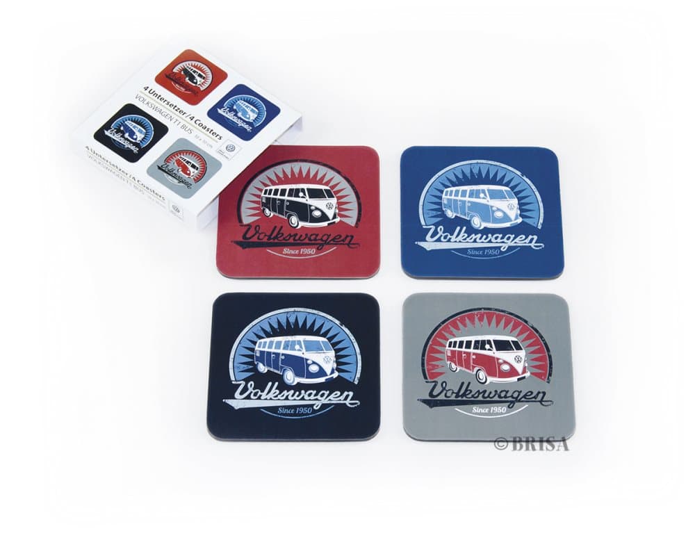 BRISA VW Collection - Volkswagen Bus T1 Camper Van Transporter Sæt med 4 drikkeunderlag (Vintage Logo/4 Colors)
