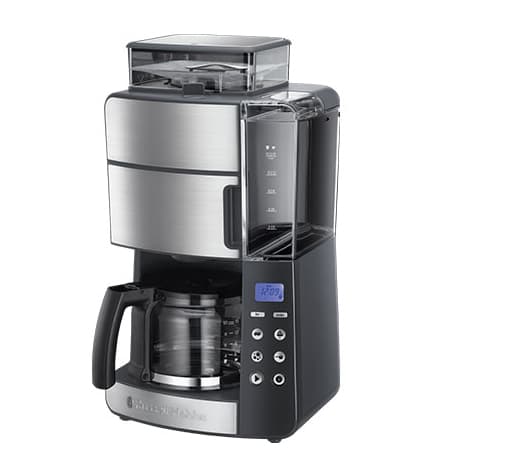 Russell Hobbs Grind and Brew Glass Carafe, Kombinerad kaffebryggare, 1,25 l, Kaffebönor, Inbyggd kvarn, Svart, Rostfritt stål