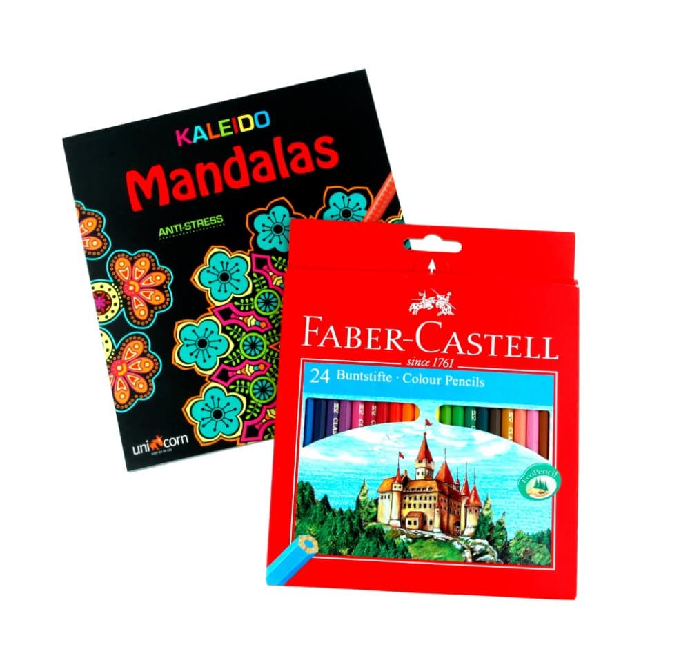 Sett med Mandala Malebok + Faber-Castell Fargeblyanter
