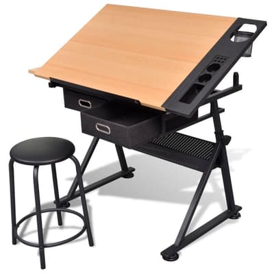Vinklingsbart ritbord med 2 lådor och 1 pall