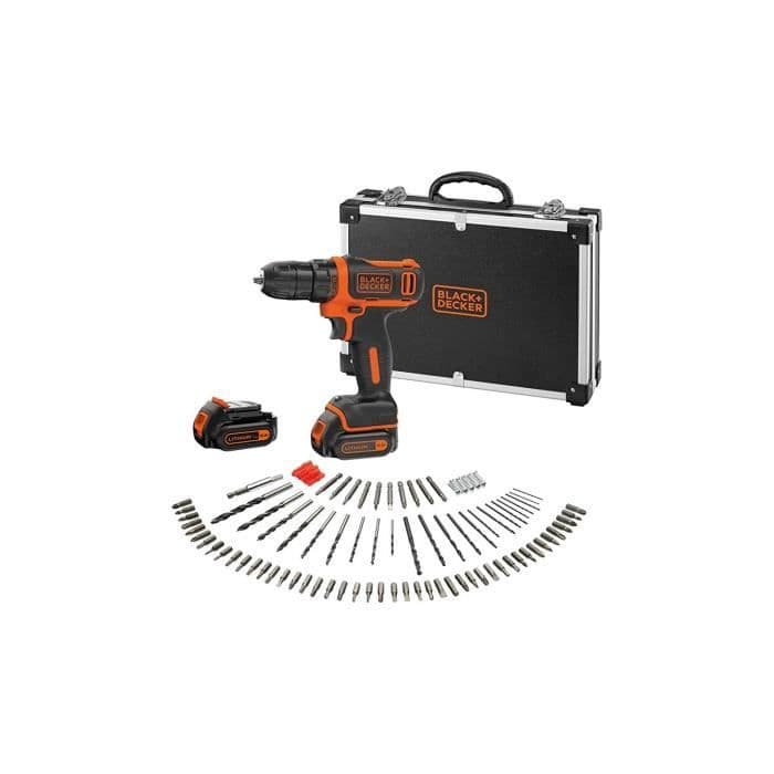 BLACK & DECKER 10,8 V trådlös skruvmejsel, 2 batterier, 100 tillbehör och en metallfodral