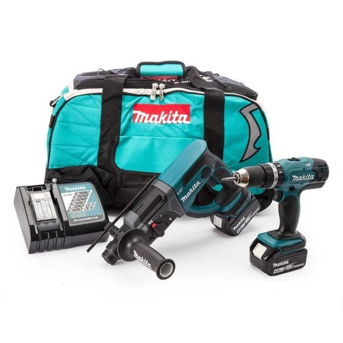 MAKITA slagverkborr, SDS plus DLX2025M mejselborr med 2 18V 4Ah Li-ion-batterier och bärpåse