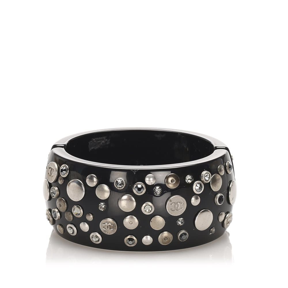 Pre-owned Chanel CC Rhinestone Studded Bangle Black