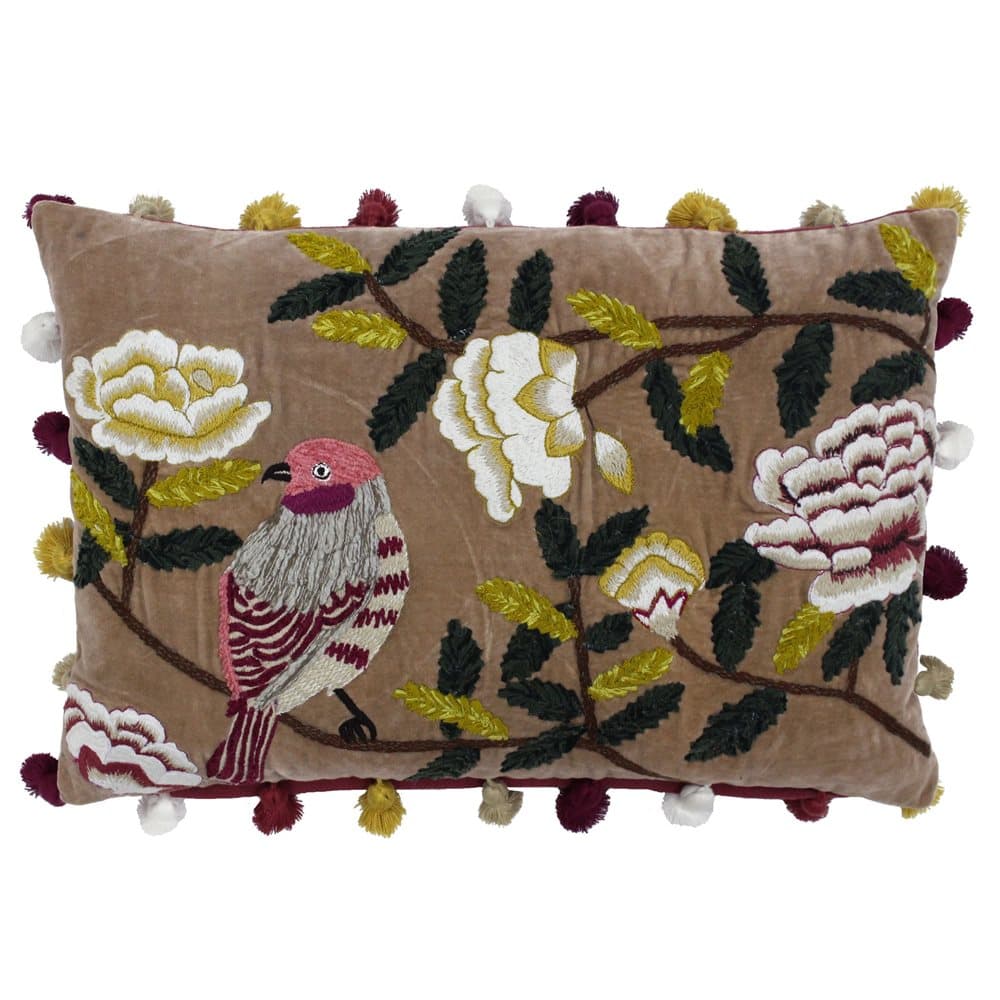 Riva Home Sakura Bird And Floral Embroidery Rectangular Feather Filled Cushion