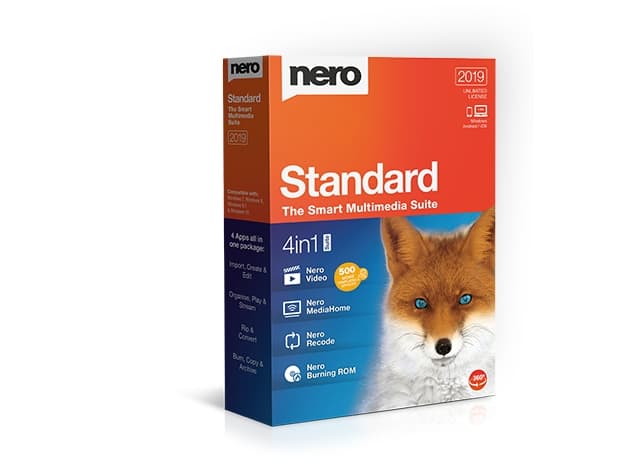 Nero Nero Standard 2019, 1 licens/-er, Flerspråkig, Fullständig, Låda, 3GP,ASF,AVC,AVI,BSF,DAT,DivX,FLV,H.264,M-JPEG,MKV,MOV,MP4,MPEG,MPG,VOB,WMV, AA