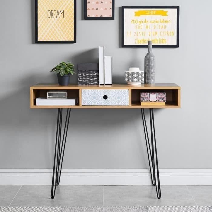 COLETTE Vintage konsolbord med ekdekor och blått tryck + ben i svartlackerad metall - L 100 cm