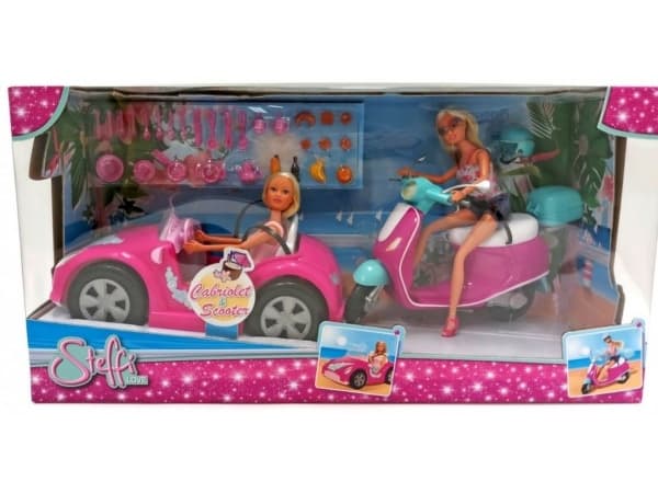 Simba Steffi doll in a convertible and on a scooter