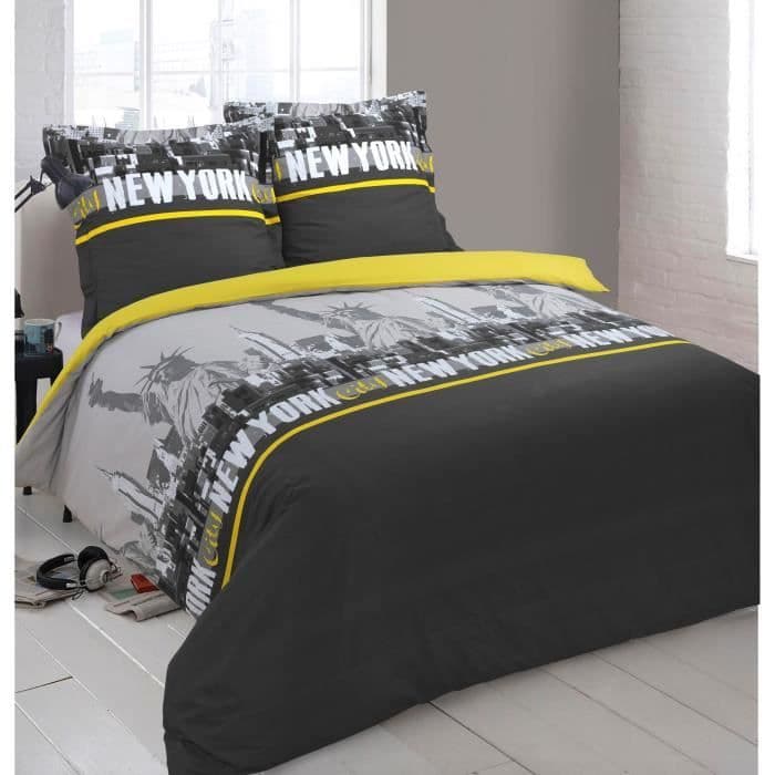 VISION New York Quilt Set - 100% bomuld - 1 dynebetræk 220 x 240 cm + 2 pudebetræk 65 x 65 cm - grå og gul