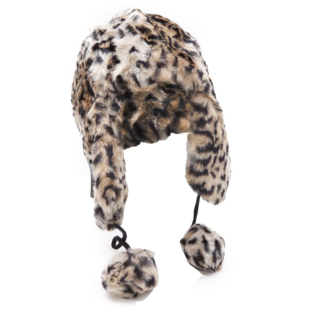 Ladies/Womens Leopard Print Faux Fur Thermal Trapper/Ski Hat With Pom Poms