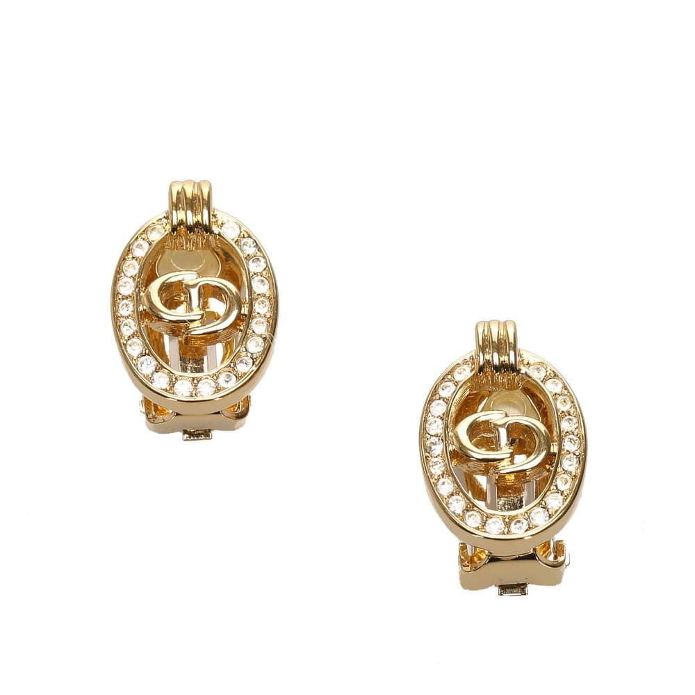 Pre-owned Dior Logo Rhinestone Clip-On Earrings Gold