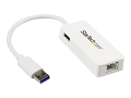 Bild av StarTech.com USB 3.0 to Gigabit Ethernet Adapter NIC w/ USB Port (White) - USB 3.0 NIC - 10/100/1000 Mbps USB 3.0 LAN Adapter (USB31000SPTW) - Nätver