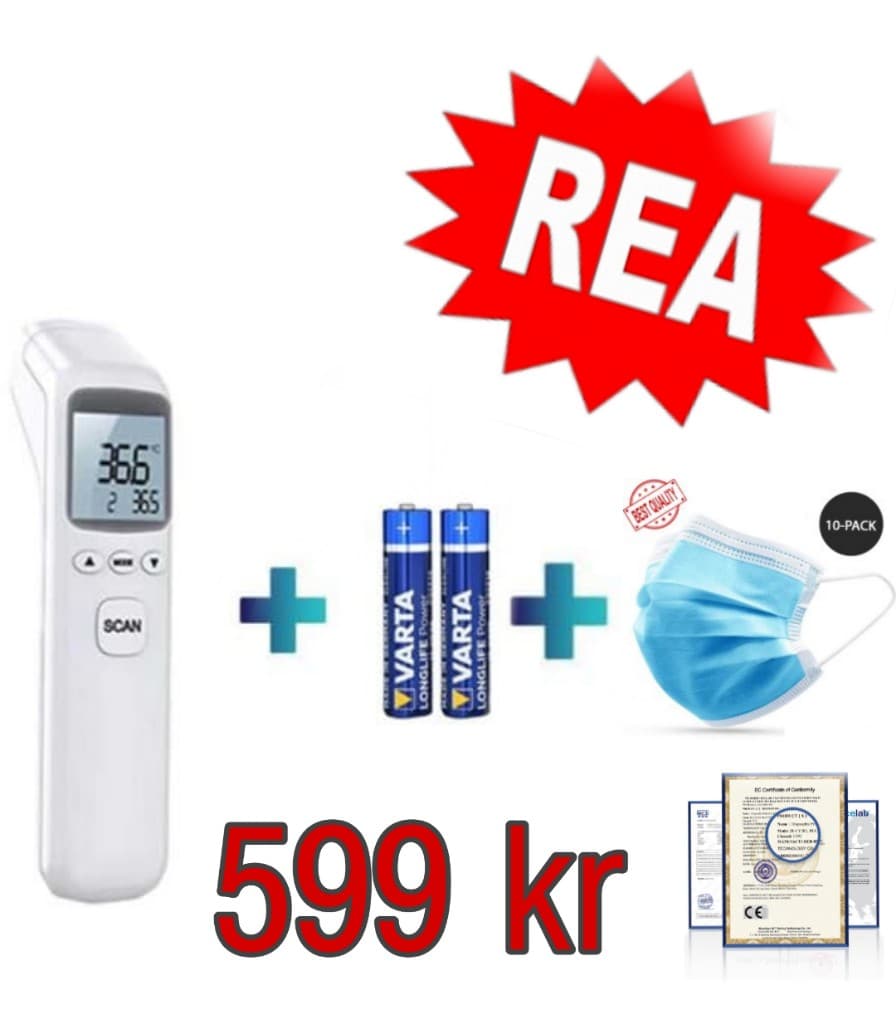 No Touch Infrarødt Fever termometer + 50x Mundbind med 3 hold, CE Certificeret- Blå