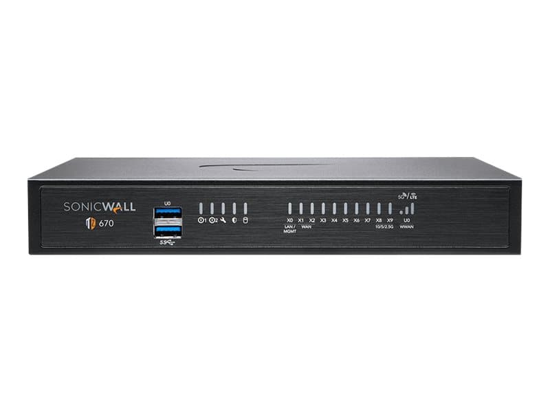 SonicWall TZ670 - Essential Edition - sikkerhetsap1 part - 10 GigE - SonicWALL Secure Upgrade Plus Program (2-årsalternativ) - skrivebord