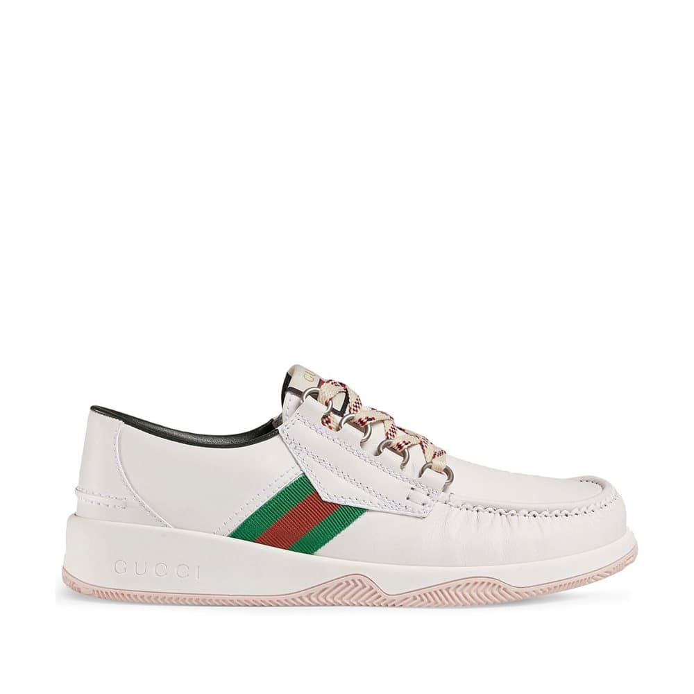 Pre-owned Gucci Web Lace-Up Leather Sneakers White
