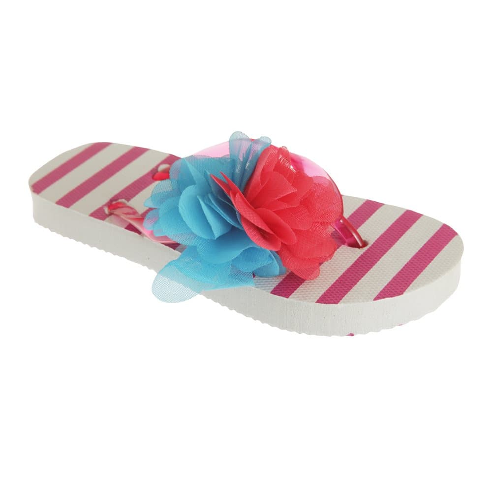 Childrens Girls Striped Flip-Flops With 3D Flower Detail
