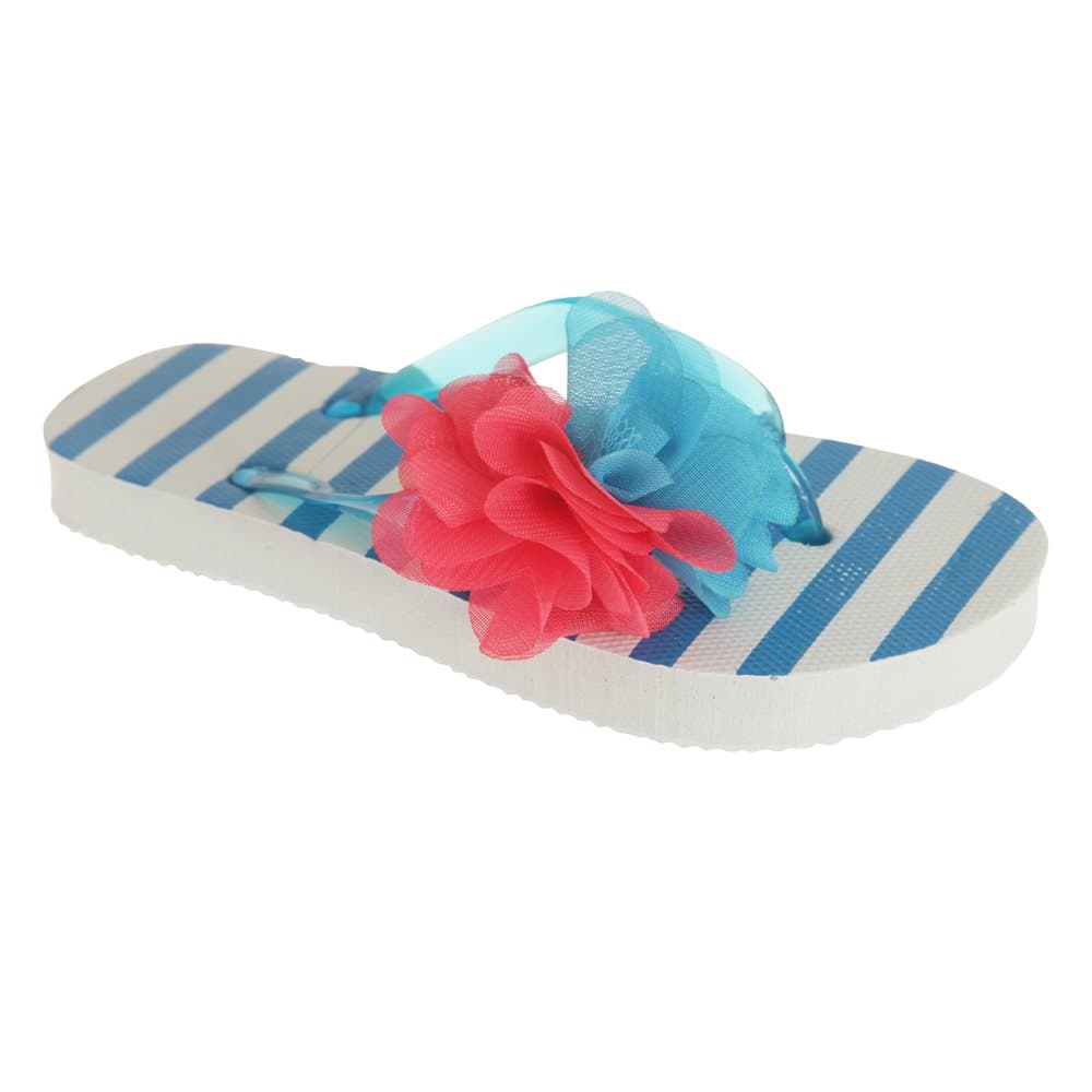 Childrens Girls Striped Flip-Flops With 3D Flower Detail