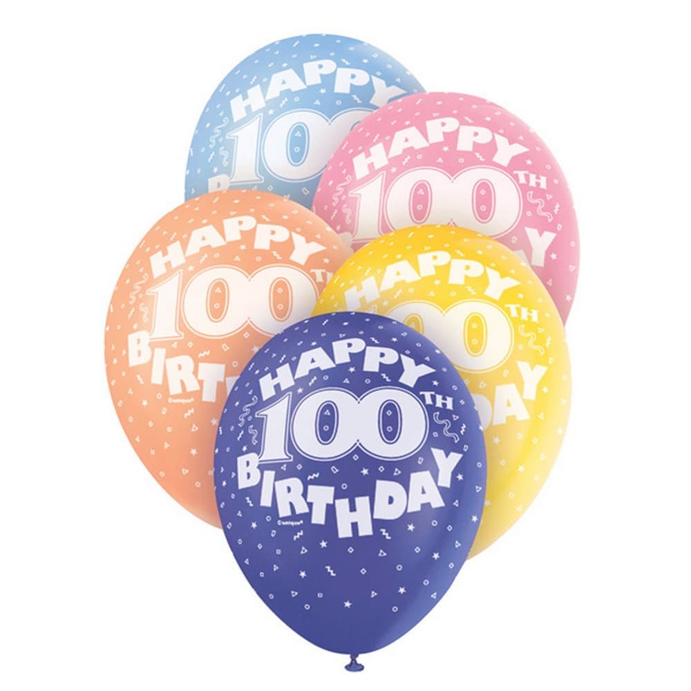 Unique Party 12 Inch 100th Assorted Latex Balloons (Pack Of 5)