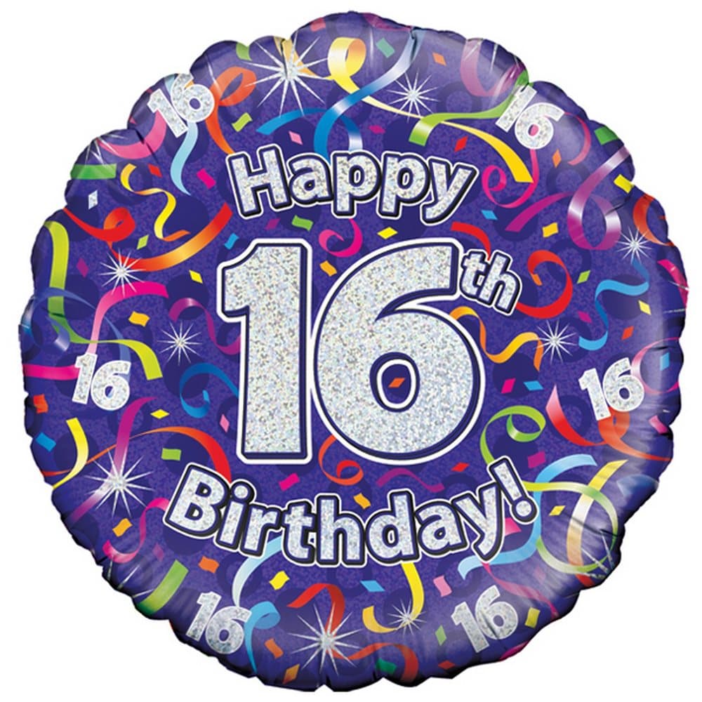 Oaktree 18 Inch Happy 16th Birthday Streamers Holographic Balloon