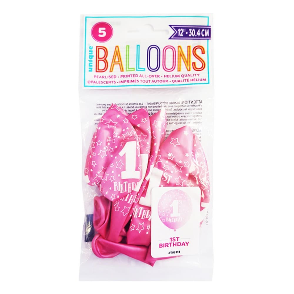 Unique Party 1st Birthday Pearlised Latex Balloons (5 x Pack of 5)