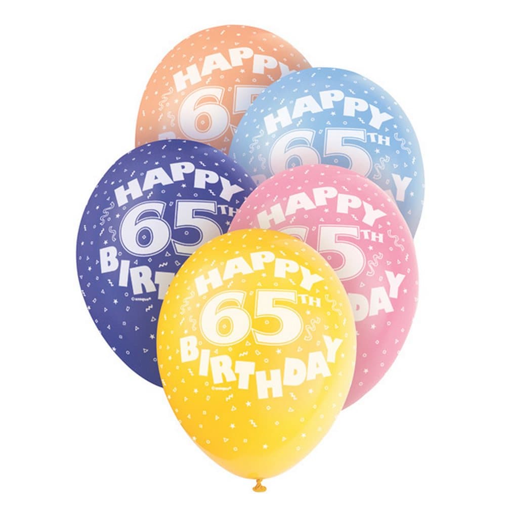 Unique Party 12 Inch 65th Assorted Latex Balloons (Pack Of 5)