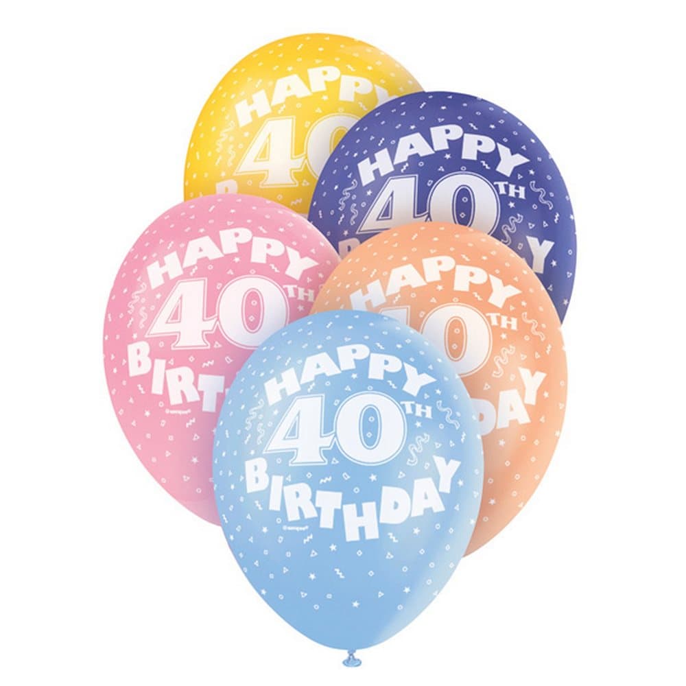 Unique Party Assorted Happy 40th Birthday Latex Balloons (Pack Of 5)