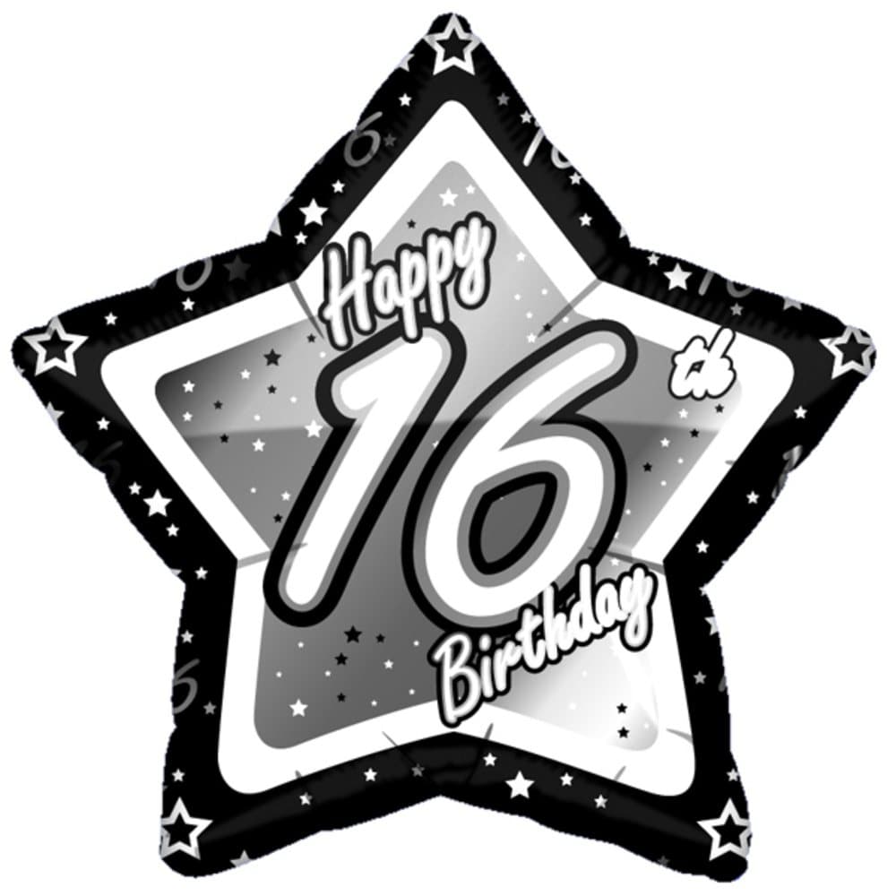 Creative Party Happy 16th Birthday Black/Silver Star Balloon