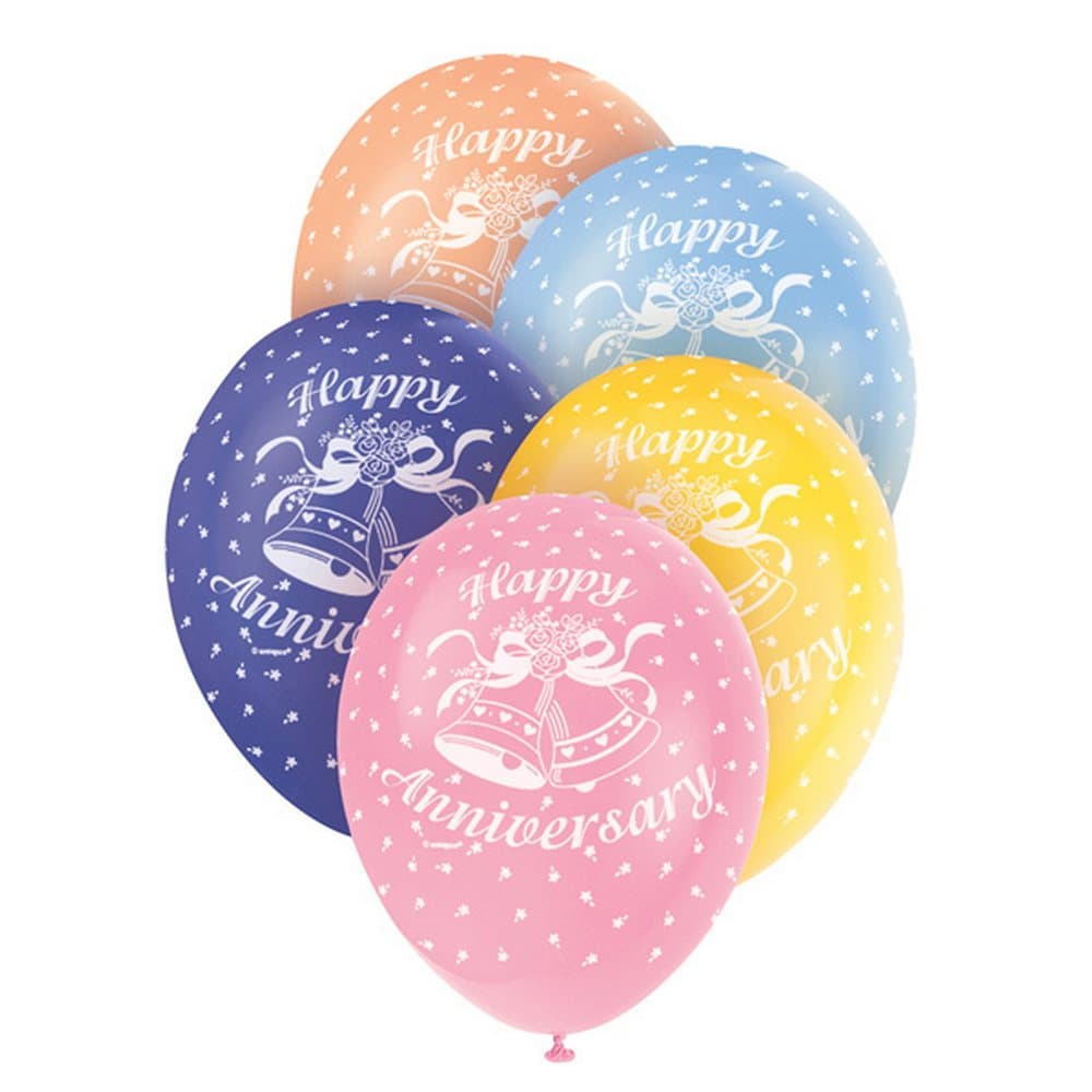 Unique Party 12 Inch Happy Anniversary Assorted Latex Balloons (Pack Of 5)