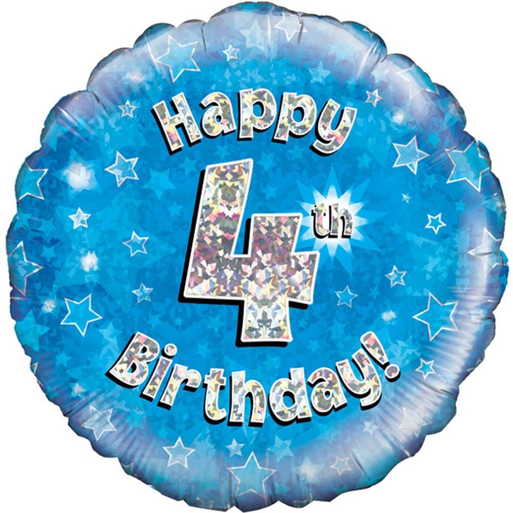 Oaktree 18 Inch Happy 4th Birthday Blue Holographic Balloon
