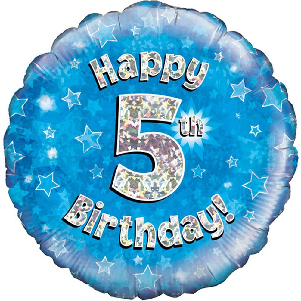 Oaktree 18 Inch Happy 5th Birthday Blue Holographic Balloon