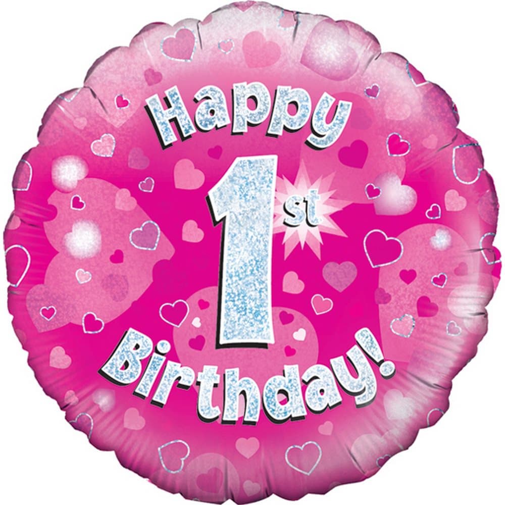 Oaktree 18 Inch Happy 1st Birthday Pink Holographic Balloon