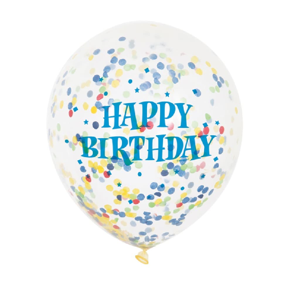 Unique Party 6 Clear 12 Inch Birthday Bright Assorted Confetti Balloons