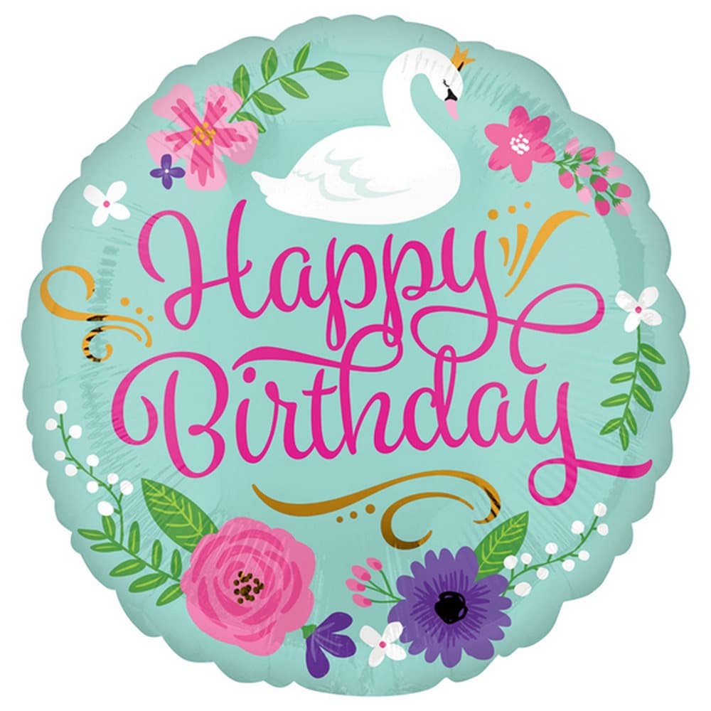 Anagram 18in Happy Birthday Swan And Flowers Round Foil Balloon