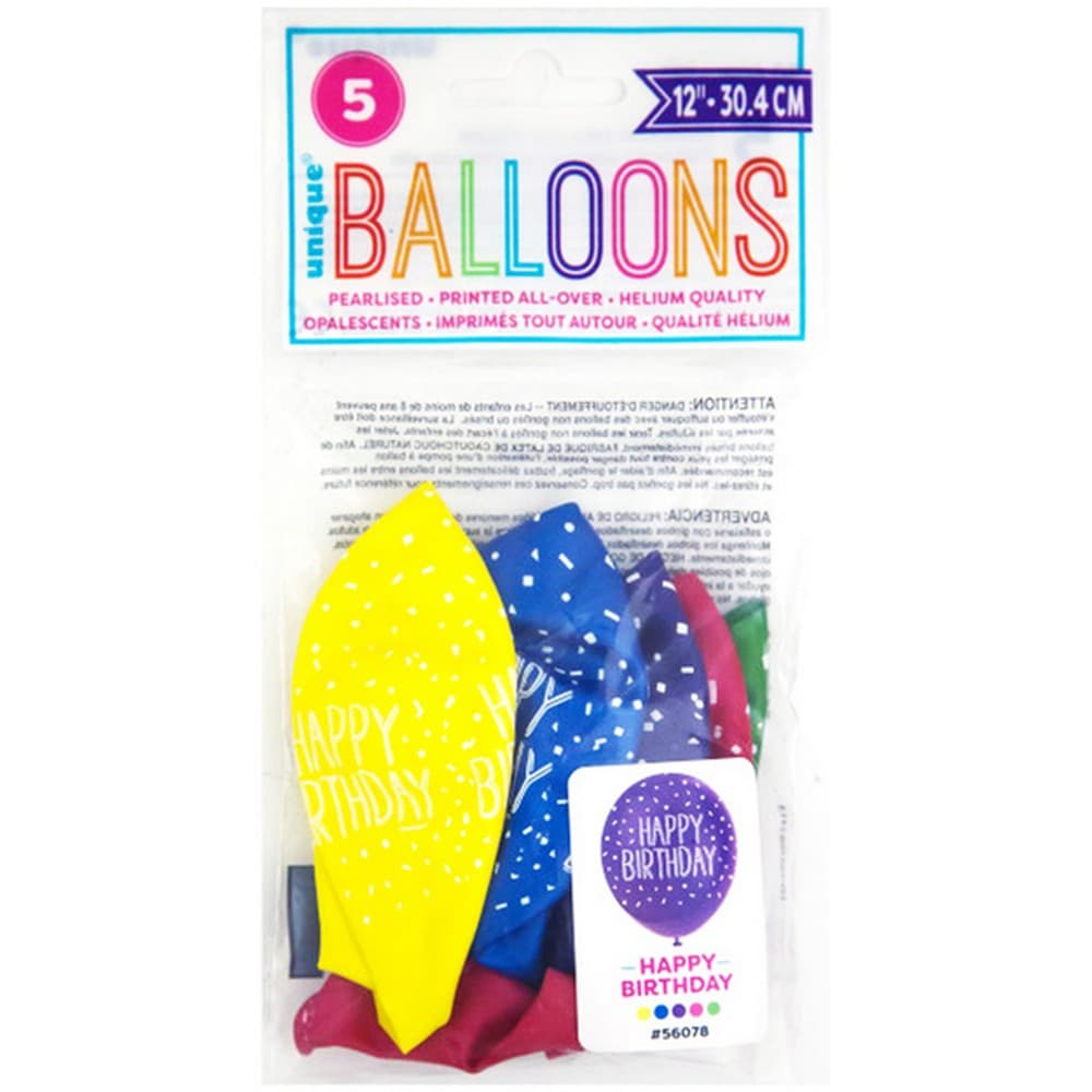 Unique Party 12 Inch Pearlised Latex Happy Birthday Balloons (Pack Of 5)