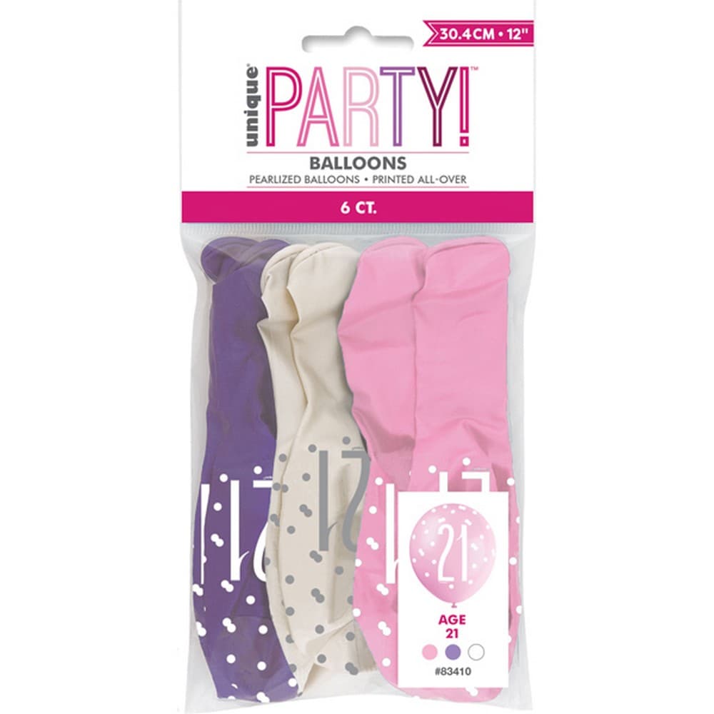 Unique Party Age 21 Glitz Latex Balloons (5 x Pack of 6)