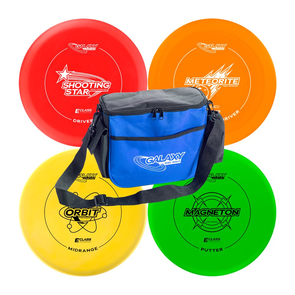 4 diske begynder sæt og taske. Galaxy Disc Golf EClass plast Disc