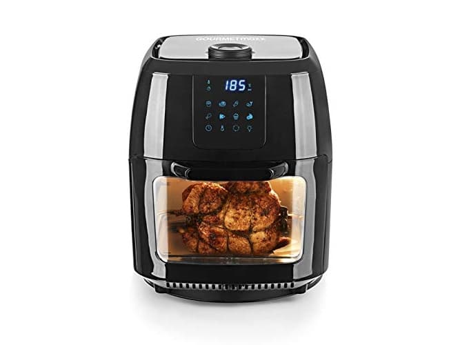 GourmetMaxx 02095 Varmlufts/-frituregryde med grillspyd, Temperaturvalg, Timerfunktion Rustfrit stål, Sort