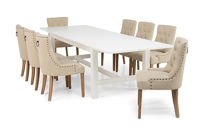 ALLIE Matbord 240/300 Vit + 8 COLFAX Fåtölj Beige