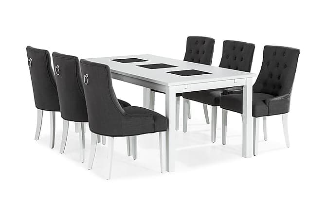 BARROW Matbord 180 Vit + 6 COLFAX Fåtölj Grå/Vit