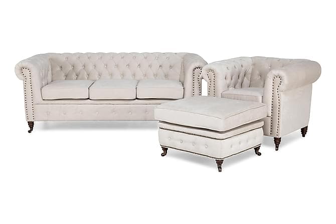 CHESTERFIELD LUX Soffgrupp 3-sits+Fåtölj+Fotpall Sammet