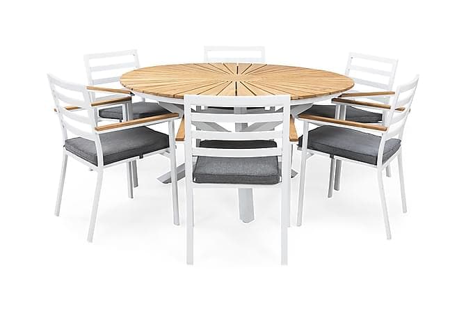 OLIVER Bord 140 Rundt + 6 stoler Hvit/Teak + Pute Grå