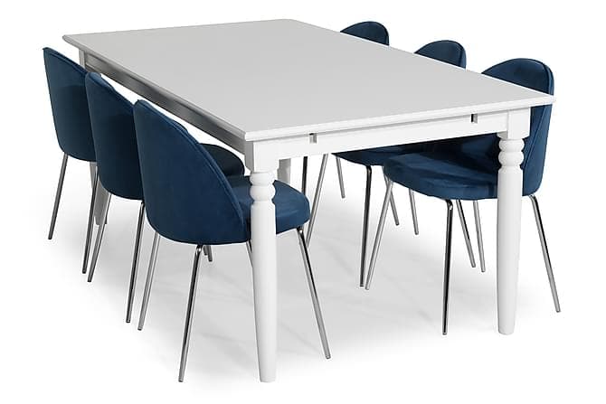 Hampton Spisebordssaet 190 med 6 Felipe Stol Velour Hvid/Morkeblå/Forkromede Ben
