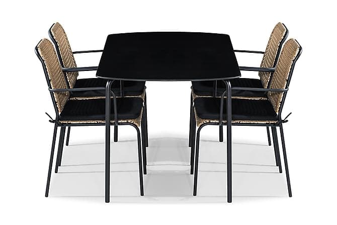 TAHITI Bord 160x80 Svart + 4 Stoler m Pute Beige