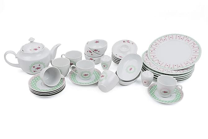 Kuetahya Frokostsett 33 Deler Porselen Hvit/Gronn/Rosa