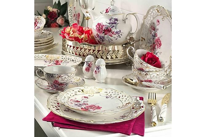 Kuetahya Frokostsett 38 Deler Porselen Hvit/Rosa/Gull