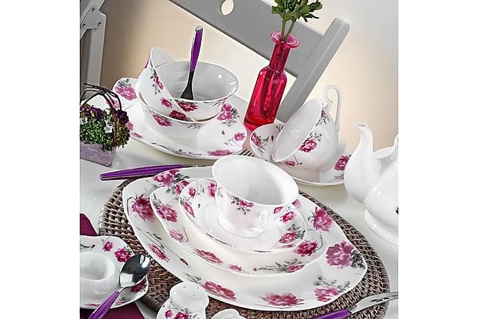 Kuetahya Frokostsett 44 Deler Porselen Hvit/Rosa/Grå
