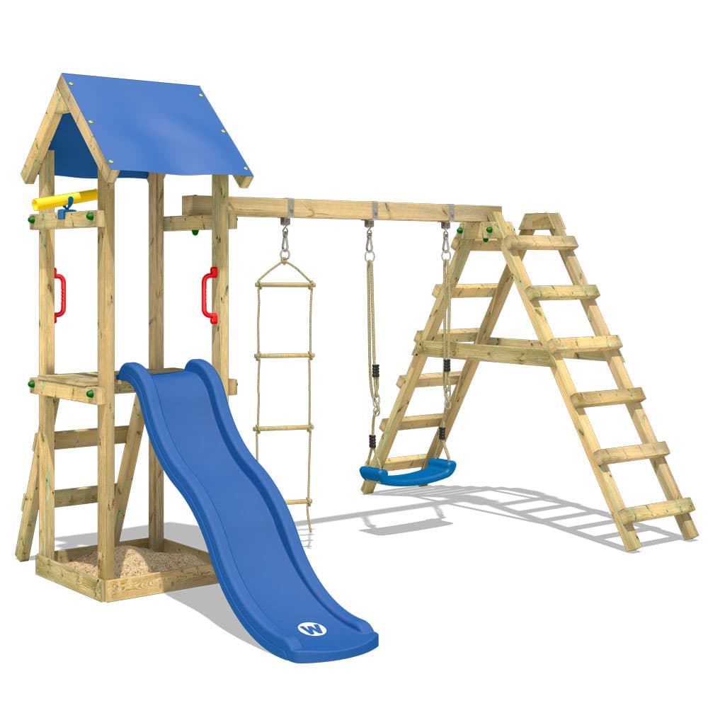 WICKEY Lekställning TinyLoft med gunga och rutschkana, Klättertorn med sandlåda och klätterstege, blå