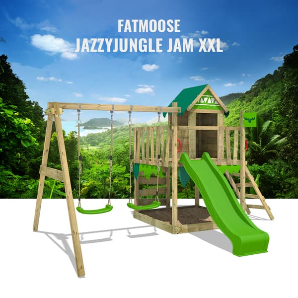 FATMOOSE Legetårn JazzyJungle med gynger og rutsjebane, Legehuse med sandkasse og klatrestige, grøn