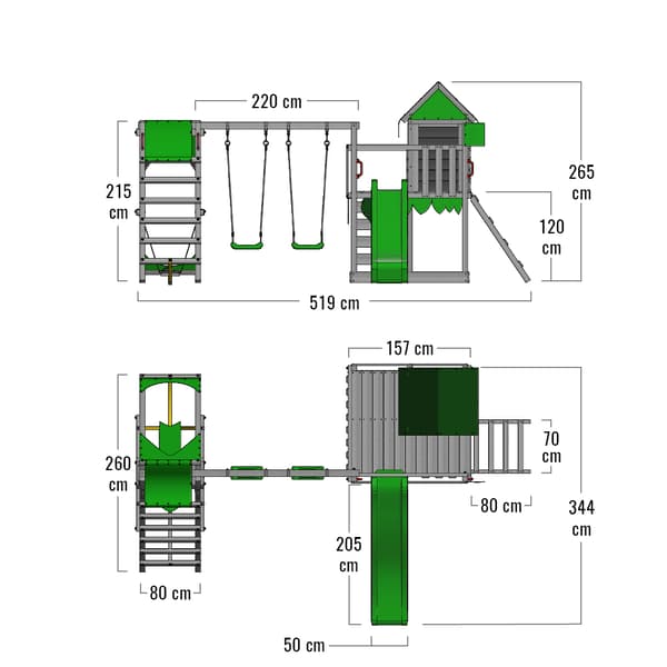 FATMOOSE Legetårn JazzyJungle med gynger SurfSwing og rutsjebane, Legehuse med sandkasse og klatrestige, æblegrøn