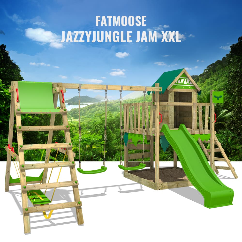 FATMOOSE Legetårn JazzyJungle med gynger SurfSwing og rutsjebane, Legehuse med sandkasse og klatrestige, rød